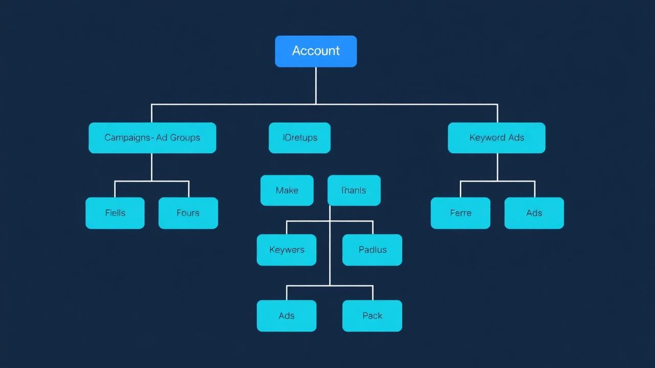 Recommended Google Ads hierarchy: Account → Campaigns → Ad Groups → Keywords and Ads.