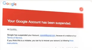 Google account suspension notification email